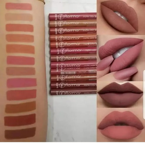 FLORMAR 12-pack matte lipstick with matching lip liner pencils set.